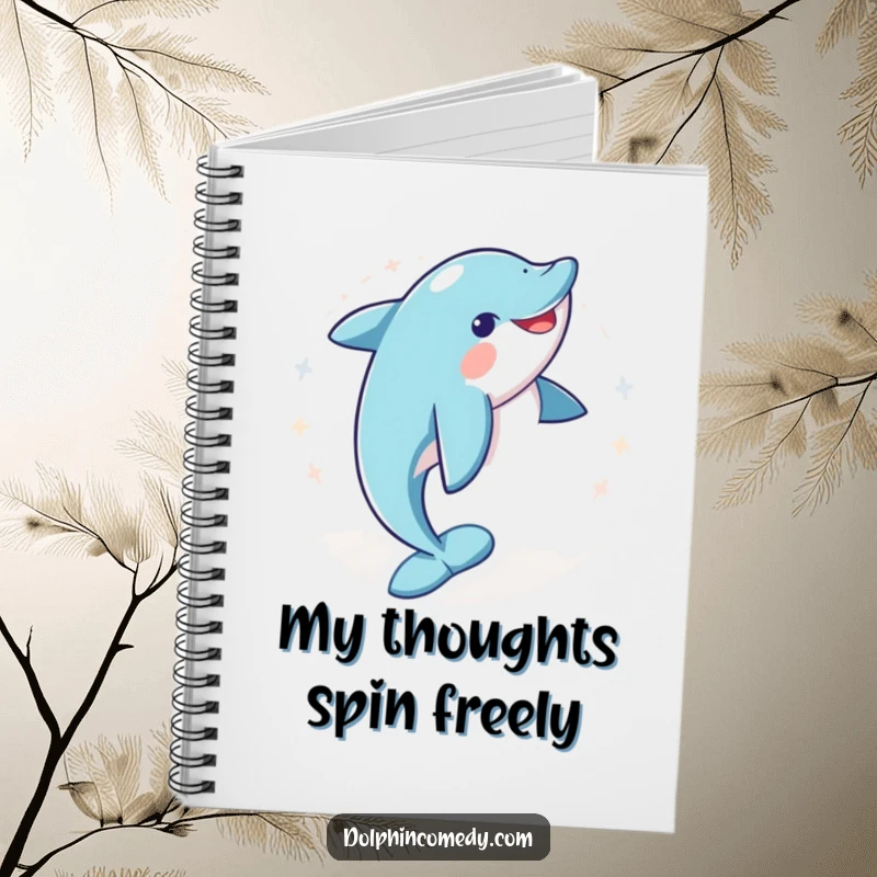 Funny notebook with a cover featuring a dolphin in a joyful spin, perfect for journaling or jotting down funny thoughts.