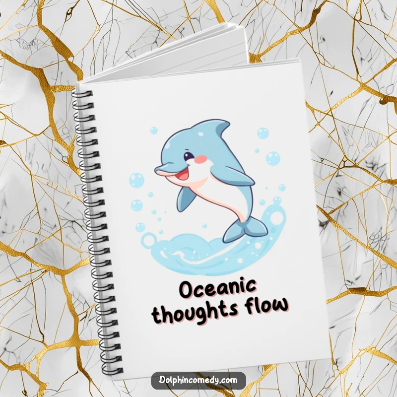 Funny dolphin notebook, smiling and leaping through a ring of bubbles, a hilarious design for ocean lovers, perfect funny gift.