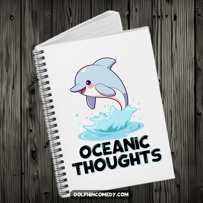 Funny dolphin notebook cover art depicting a dolphin leaping with a splash, ideal for note-taking with a smile.