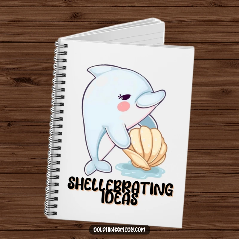 Funny dolphin notebook with a cute dolphin nudging a seashell, perfect for jotting down notes with a touch of ocean charm.