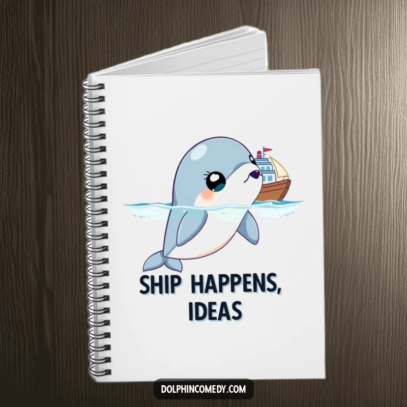 Funny notebook with a surprised dolphin cover, wide eyes looking up, perfect for capturing funny notes and thoughts.