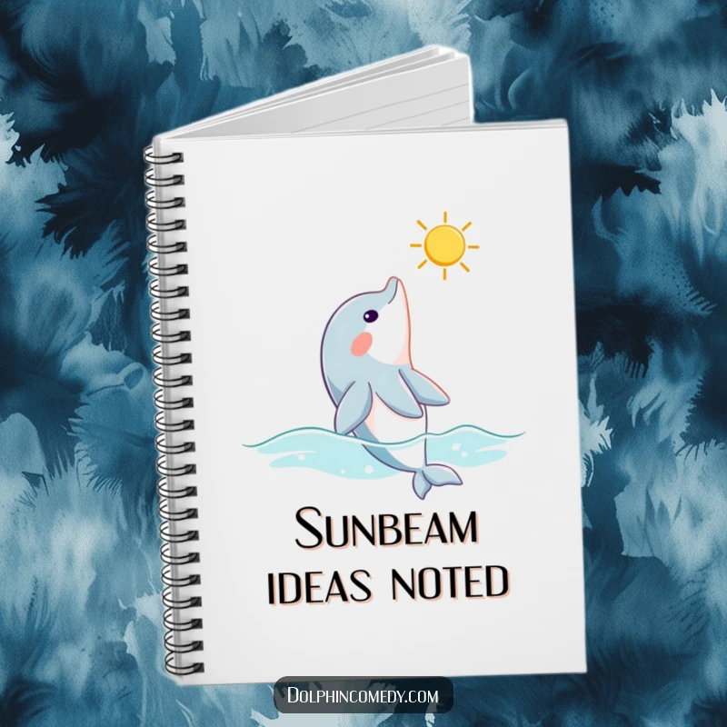 Funny dolphin notebook with a curious dolphin looking up at a sunbeam, perfect for thoughtful journaling and creative writing.