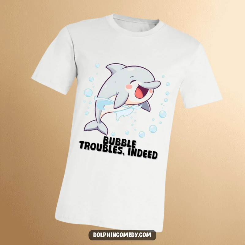 Funny t-shirt illustrating a delighted dolphin joyfully pursuing a trail of bubbles, capturing sheer excitement.
