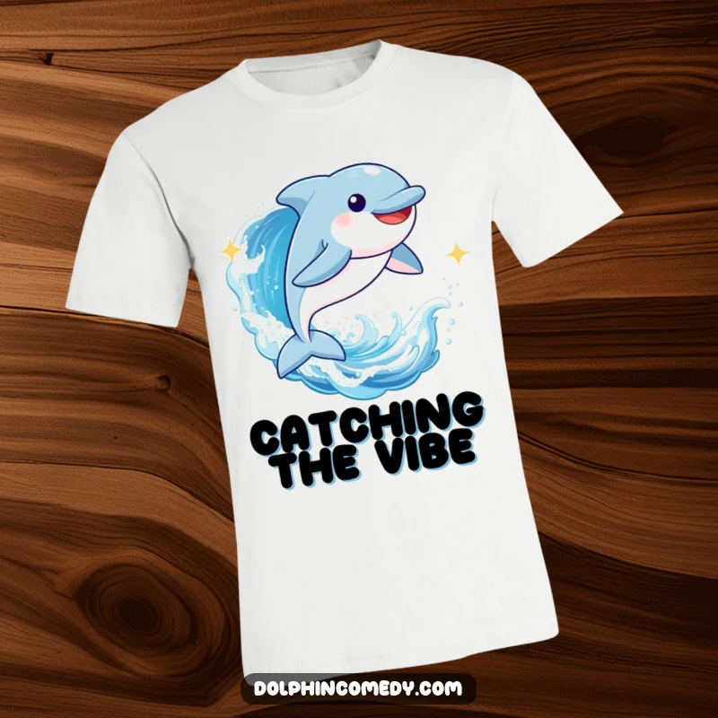 Funny Dolphin T-Shirt: A joyful cartoon dolphin energetically leaping through a sparkling blue wave, capturing ocean freedom.