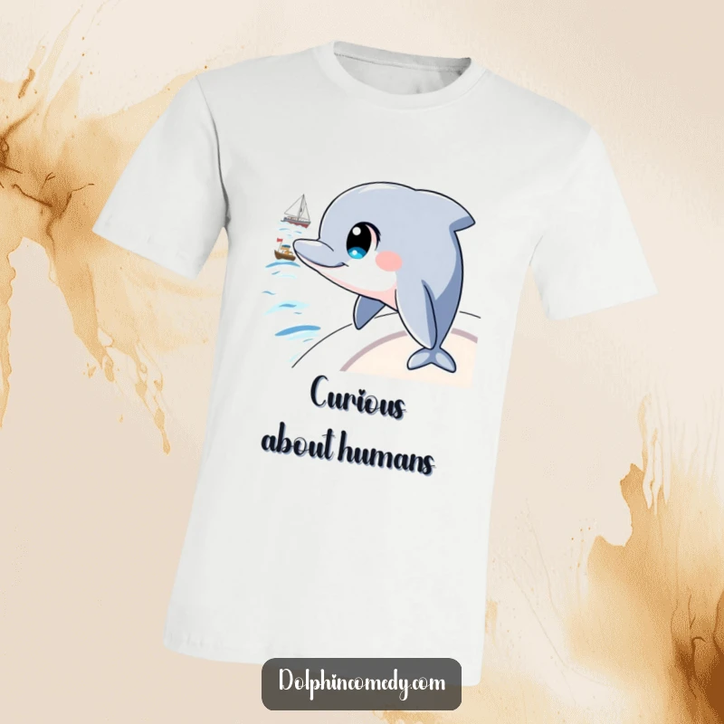 Funny t-shirt depicting a dolphin with prominent, intelligent eyes, watching a boat sail across the water, conveying curiosity.