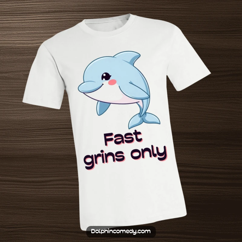 Funny T-Shirt: A smiling dolphin with a wide grin swims swiftly, captured in a humorous and energetic design.