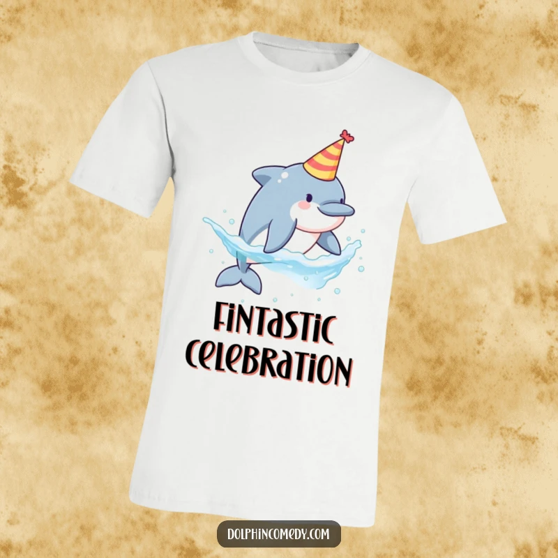 Funny t-shirt graphic of a dolphin in a cone party hat, playfully splashing water with a wide grin.