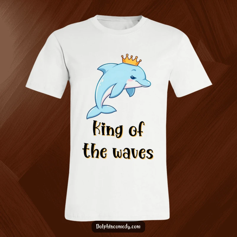 Funny crown dolphin t-shirt featuring a regal dolphin adorned with a small crown, swimming elegantly in a graceful arc.