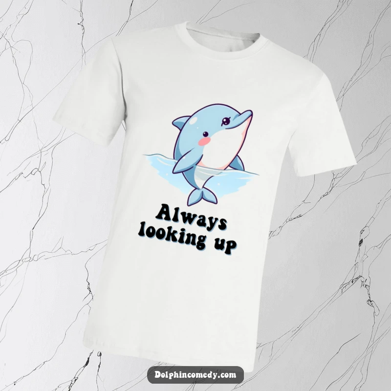 Funny t-shirt graphic of a curious dolphin peeking upwards, ideal for those who enjoy mystery and a good laugh.