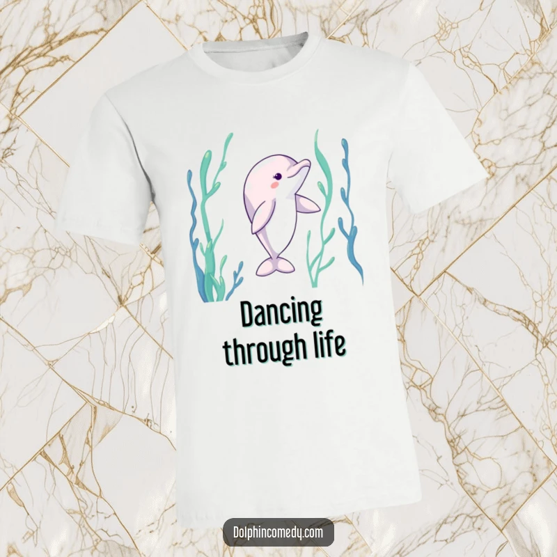 Funny Dolphin T-Shirt: A dolphin with extended fins dancing fluidly through vibrant underwater kelp, full of grace and humor.
