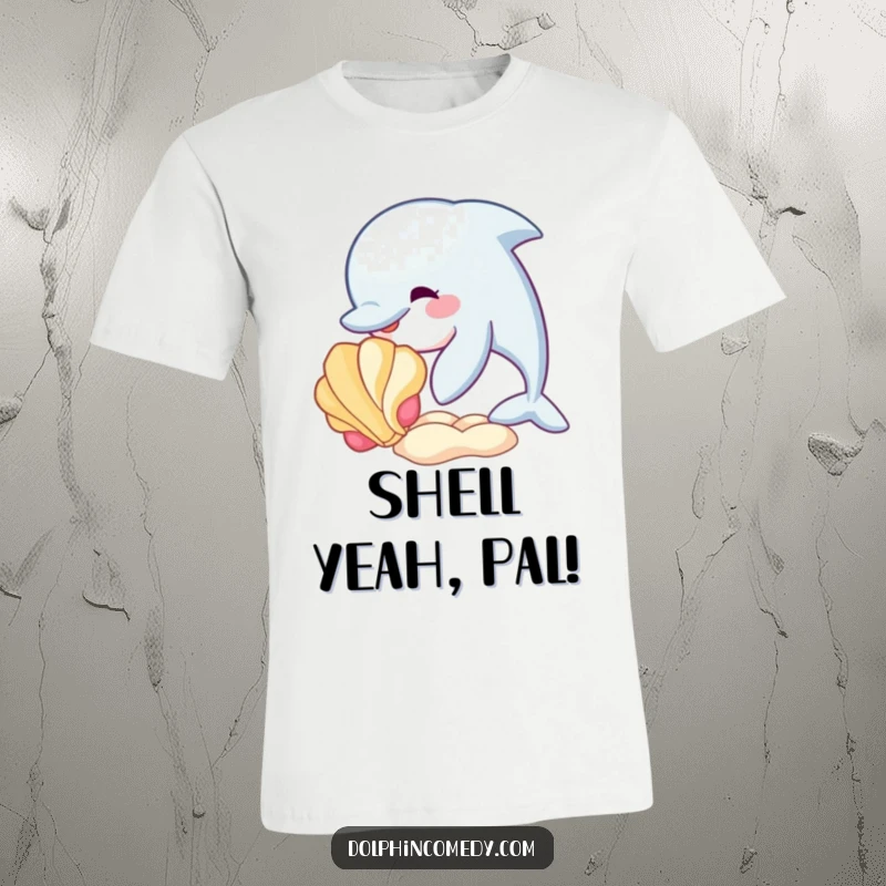 Funny t-shirt graphic of a dolphin gently nudging a colorful seashell, depicting innocent playfulness and marine charm.