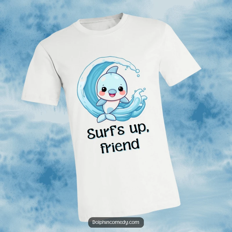 Funny Dolphin T-Shirt featuring a happy dolphin leaping and playing joyfully with a frolicking ocean wave.