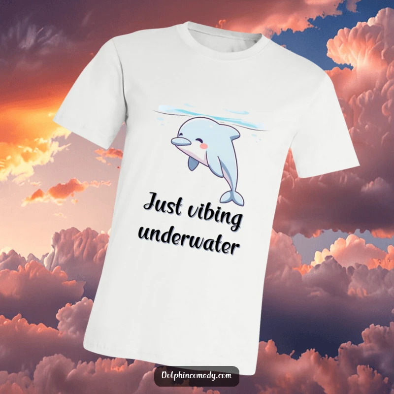 Funny dolphin t-shirt depicting a happy dolphin sighing contentedly while swimming peacefully beneath ocean waves, a symbol of relaxation.