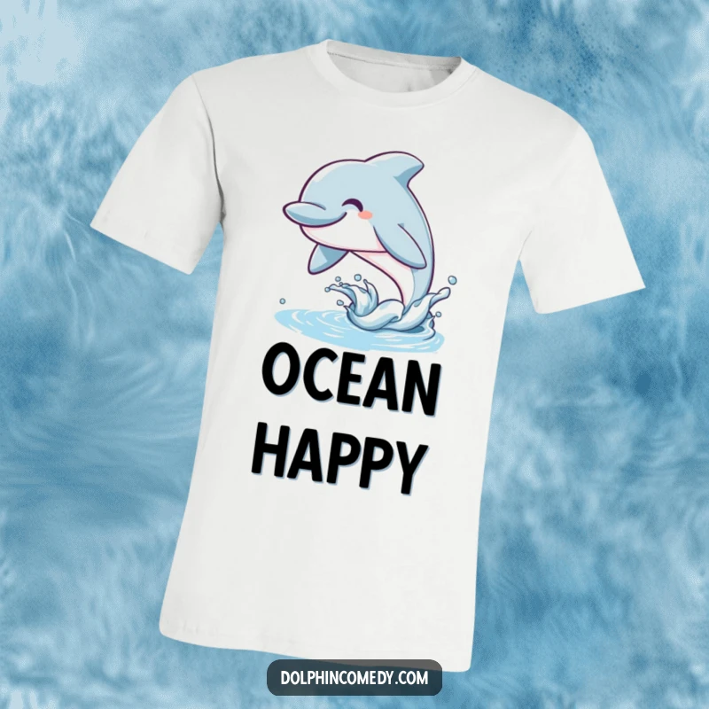 Funny Dolphin T-Shirt depicting a smiling marine animal leaping exuberantly from the water, celebrating aquatic fun.