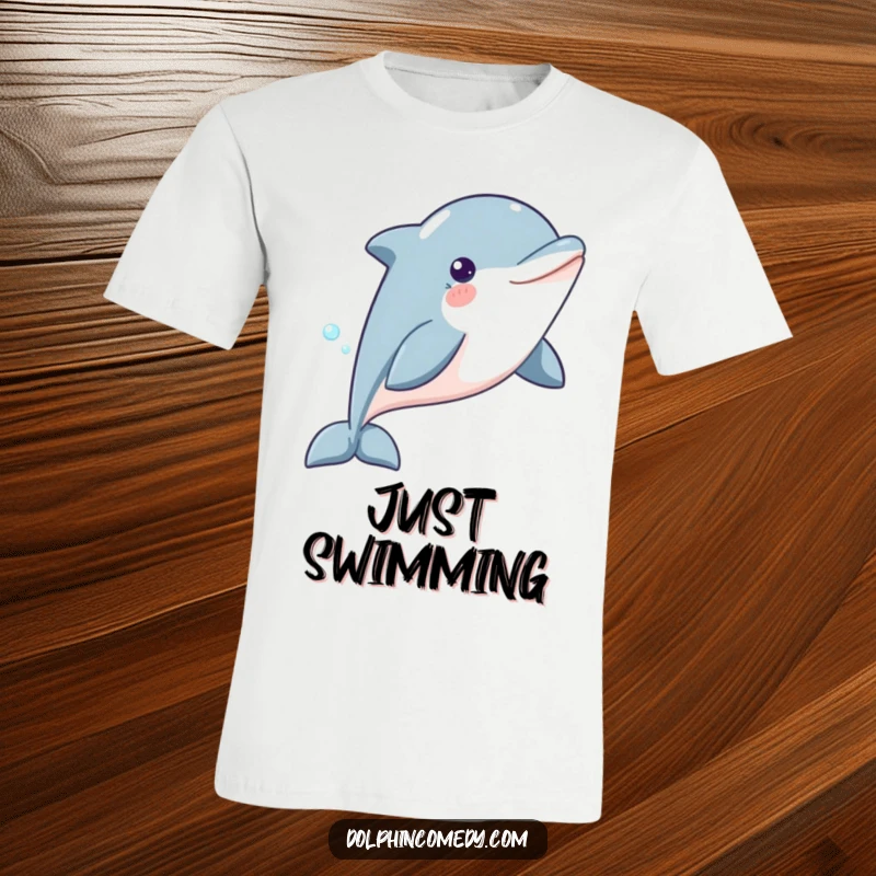Funny Dolphin T-Shirt depicting a content dolphin gliding smoothly through the water, embodying grace and a humorous sense of effortless movement.