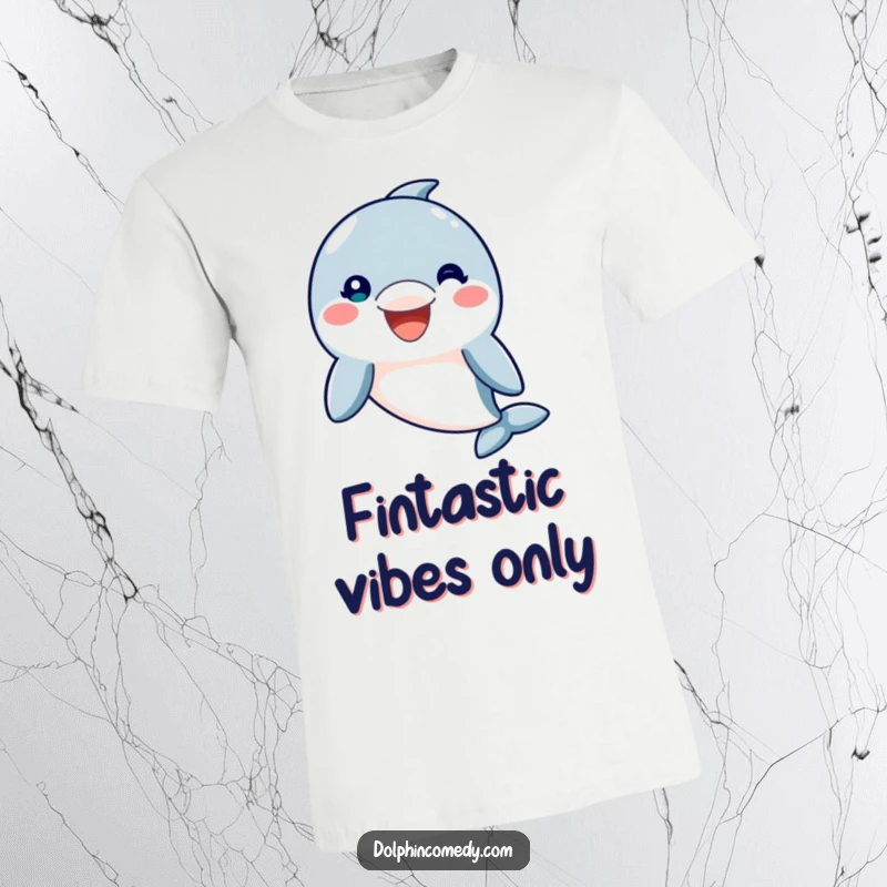 Funny Cotton T-Shirt showcasing a friendly dolphin with a broad, inviting smile, perfect for beach lovers and ocean enthusiasts, a great gift.
