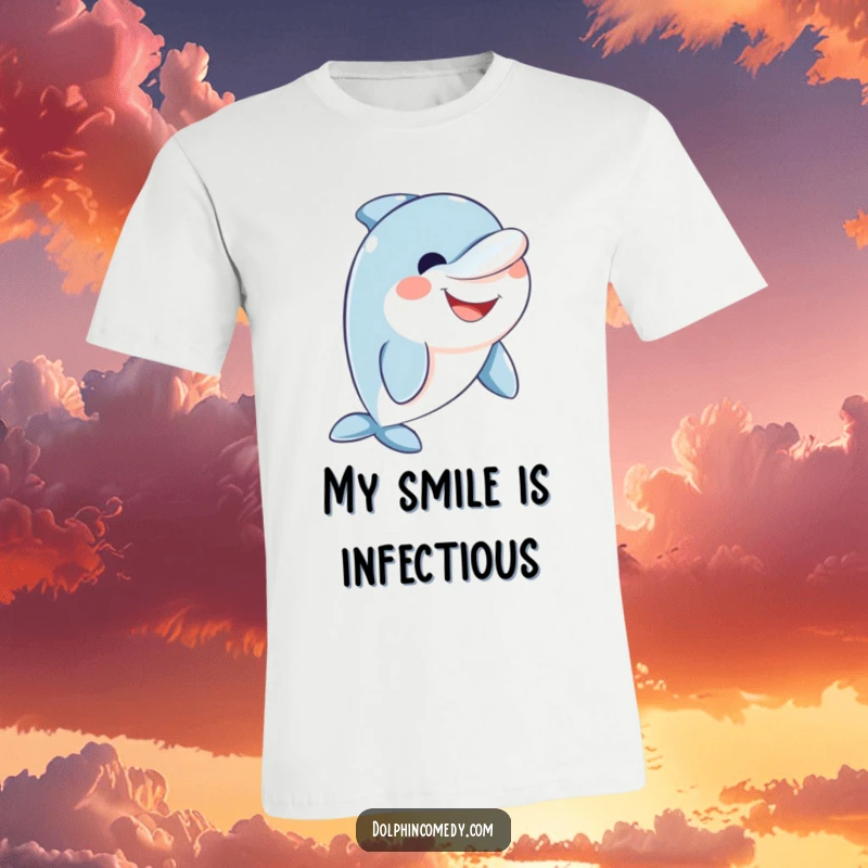 Funny friendly dolphin t-shirt designed with a large, welcoming smile that exudes happiness and kindness.