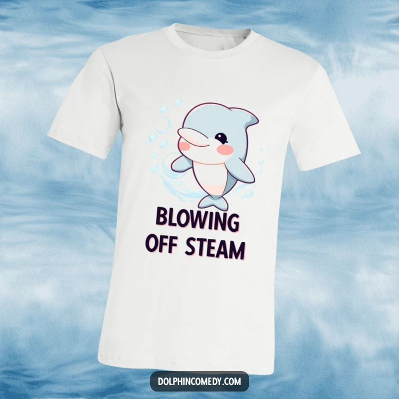 Funny T-Shirt featuring a happy dolphin blowing a ring of bubbles, perfect for ocean enthusiasts and fun-lovers, a unique funny gift.