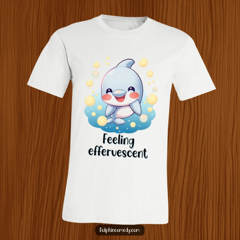 Funny T-Shirt: A smiling dolphin surrounded by glowing ocean bubbles. Humorous apparel for those who radiate happiness.