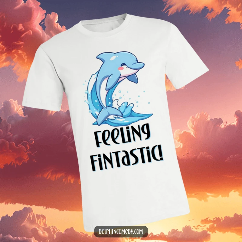 Funny dolphin arching its body in mid-air, emerging from a dynamic, sparkling blue wave with pure elation.