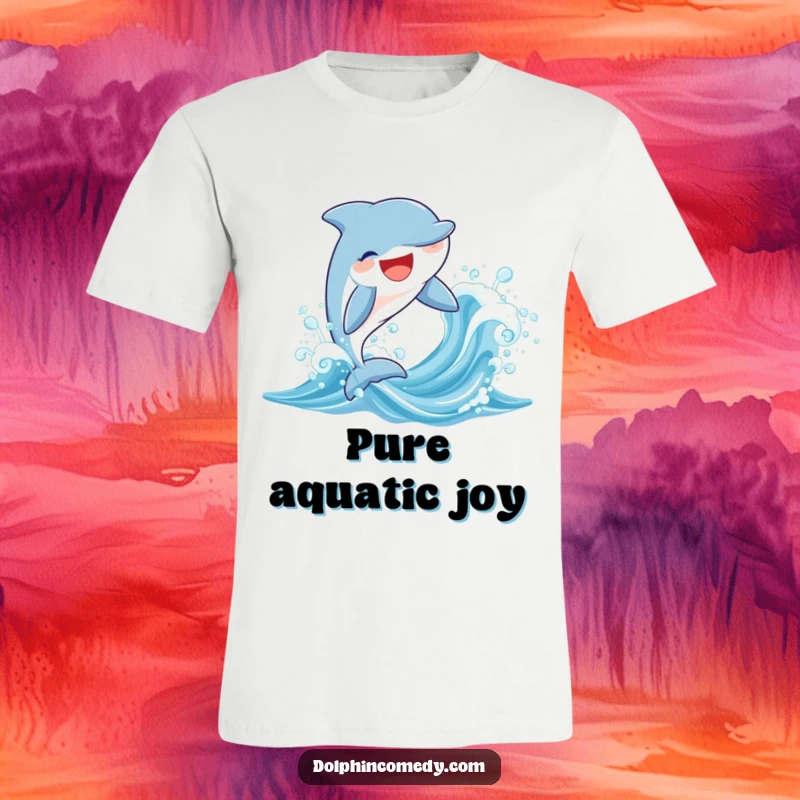 Funny cotton t-shirt depicting a gleeful dolphin with a broad grin leaping joyfully from a shimmering ocean wave.