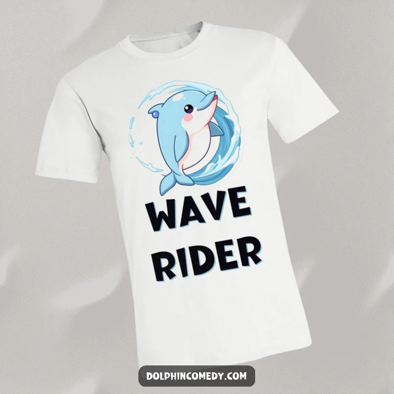 Funny Dolphin T-Shirt playfully twirling in a wave with sparkling eyes, showcasing aquatic delight.