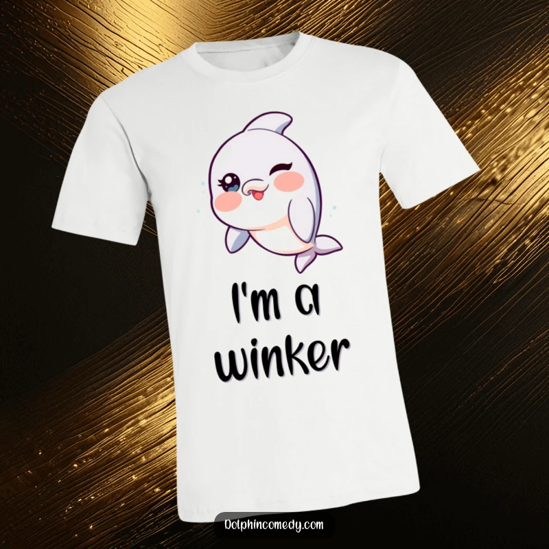 Funny Dolphin T-Shirt with rosy cheeks, playfully winking, perfect for adding a touch of humor and charm.