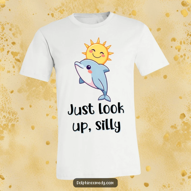 Funny t-shirt with a curious dolphin gazing joyfully at a stylized, smiling sun, perfect for beach lovers.