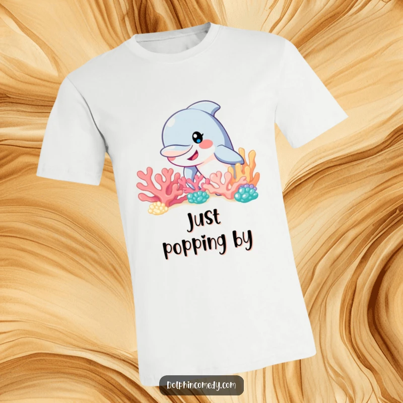 Funny dolphin with a broad smile peeking out from the vibrant colors of a coral reef, a humorous tee.