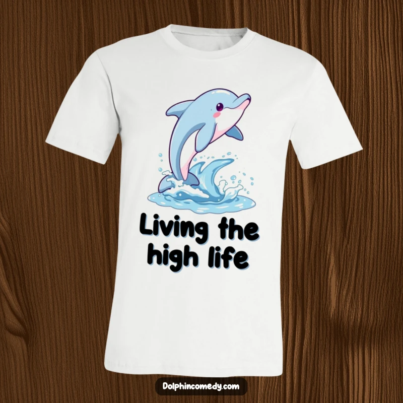 Funny t-shirt graphic of a dolphin arching gracefully out of the water, radiating pure, unadulterated joy and freedom.