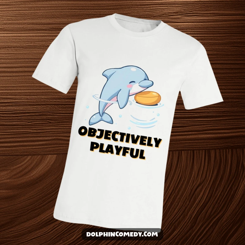 Funny dolphin t-shirt showcasing a dolphin playfully nudging a bobbing object, capturing a moment of aquatic fun.