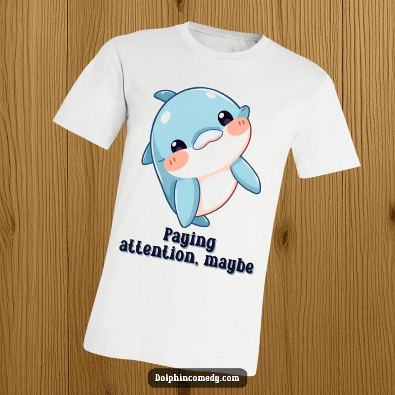 Funny T-Shirt featuring a curious dolphin character bobbing its head in an engaging manner, perfect for ocean lovers, a unique funny gift.