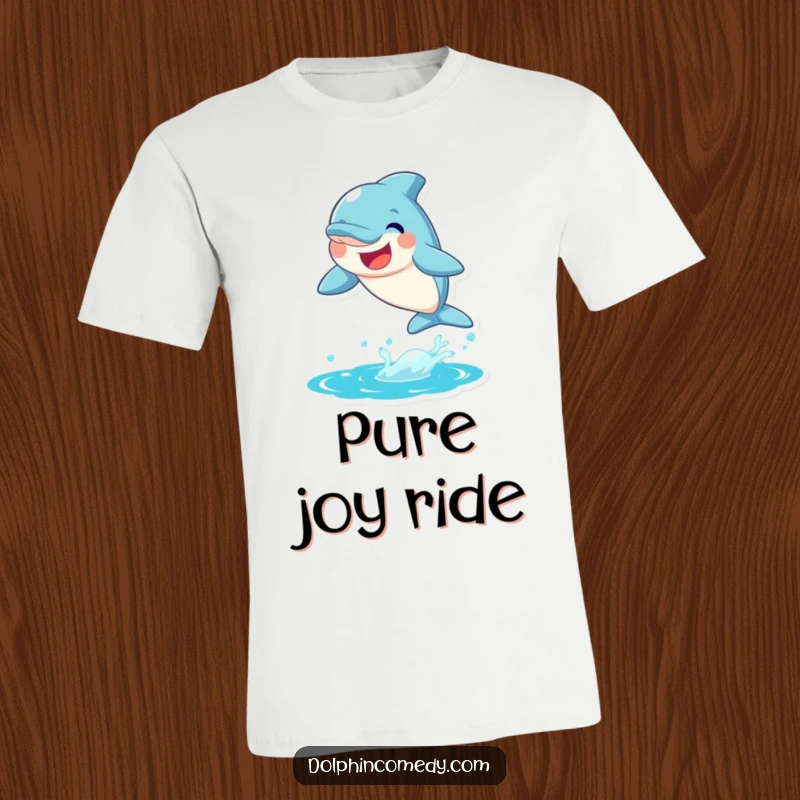 Funny Dolphin T-Shirt joyfully leaping from the water with a big smile, embodying pure happiness.