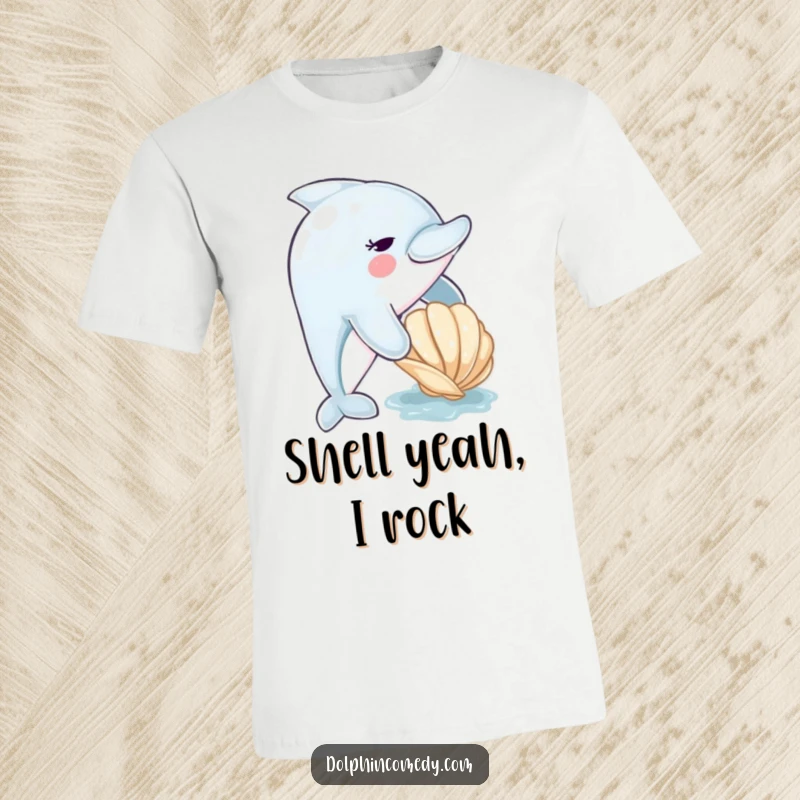 Funny dolphin t-shirt featuring a playful dolphin nudging a seashell, capturing a moment of marine curiosity and charm.