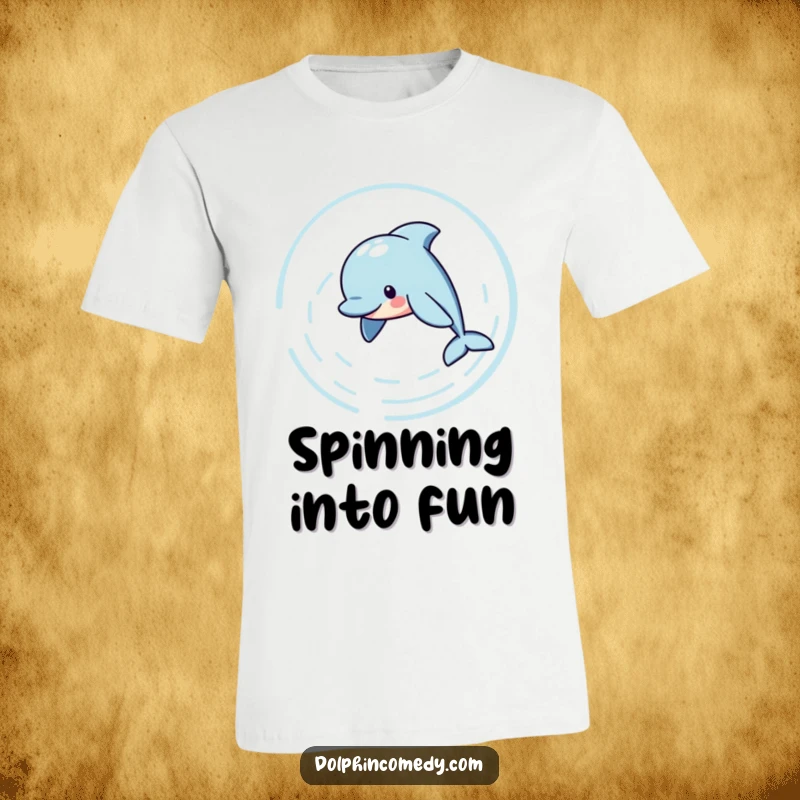 Funny T-Shirt featuring a playful dolphin character creating circular ripples in the water, perfect for ocean lovers, a unique funny gift.