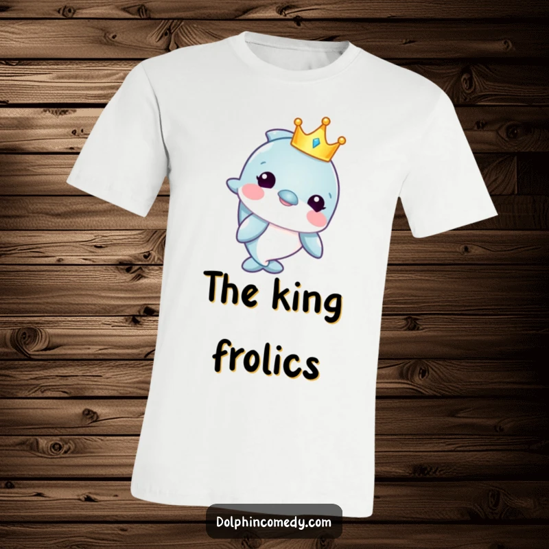 Funny t-shirt showcasing a charming dolphin character sporting a tiny, gleaming crown, exuding playful authority and oceanic pride.