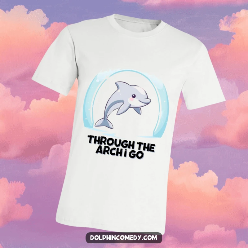 Funny Dolphin T-Shirt: Dolphin with determined look swims through an archway, representing a humorous quest, ideal gift.