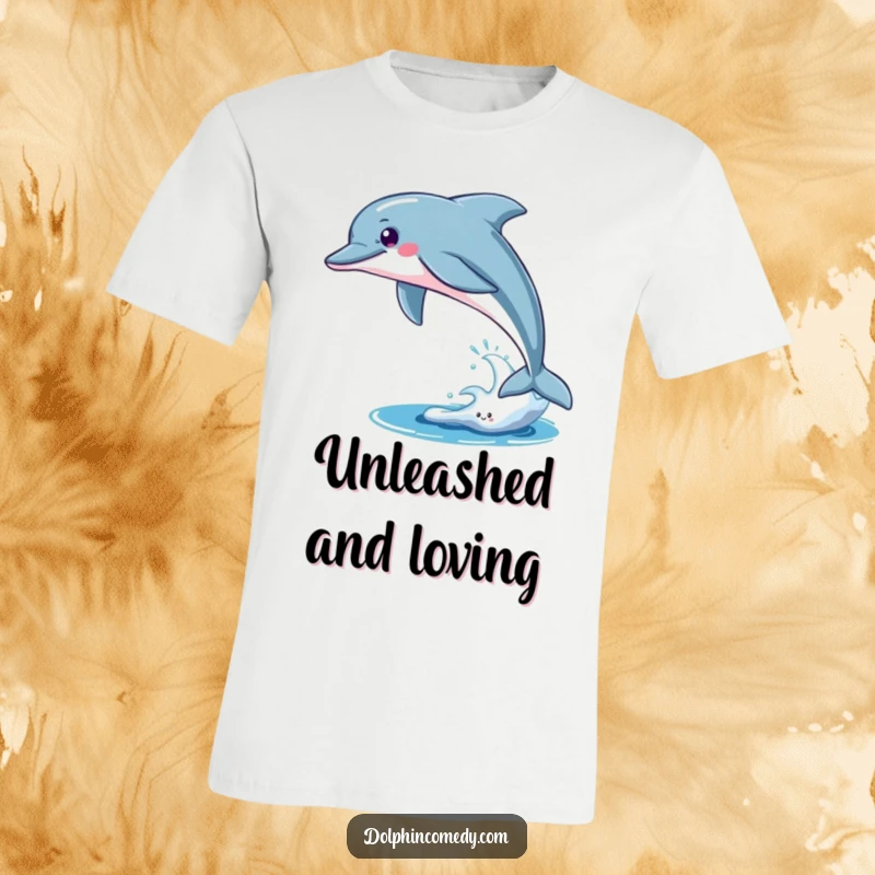 Funny T-Shirt: A sleek dolphin breaching dynamically, representing freedom and energy. Humorous apparel for those who cherish liberation.