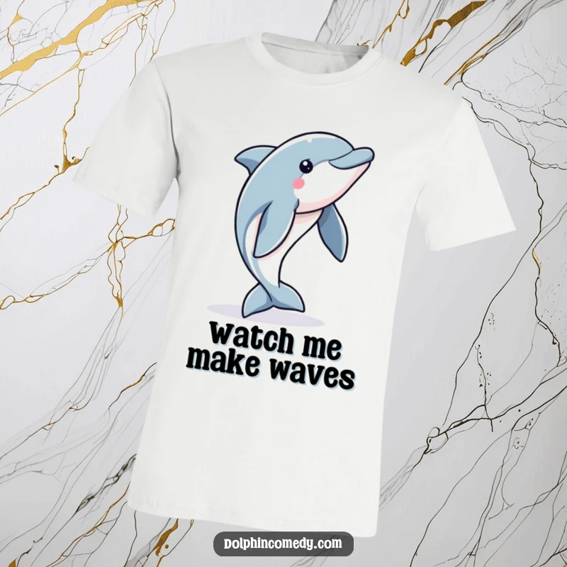 Funny Alert Dolphin T-Shirt: A dynamic dolphin in mid-jump, conveying excitement and readiness, printed on a comfortable tee.