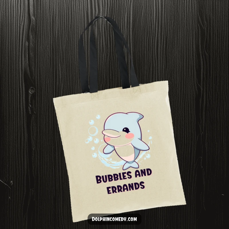 Funny Canvas Tote Bag featuring a happy dolphin blowing a ring of bubbles, perfect for shopping and daily use, a chic funny gift.
