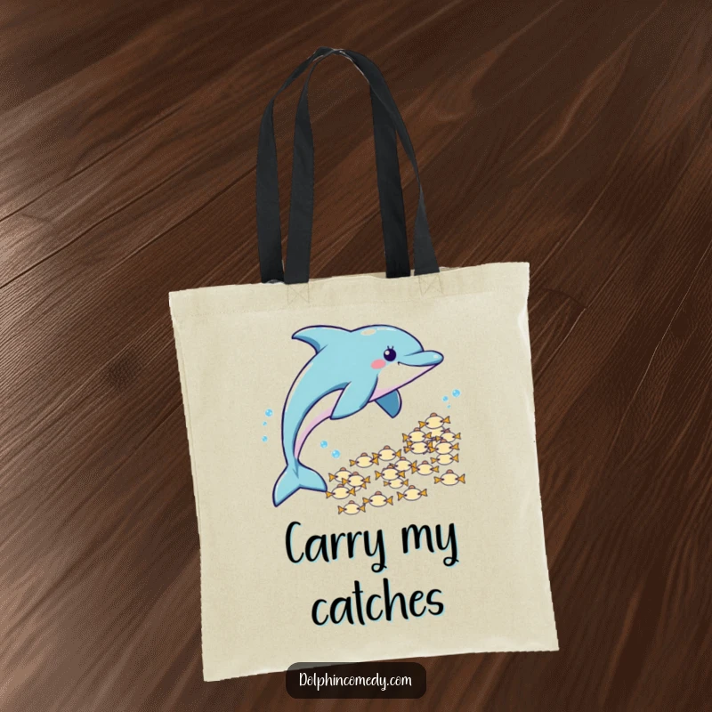 Funny Tote Bag: A dolphin playfully chases a school of fish, making this a humorous and practical carry-all.