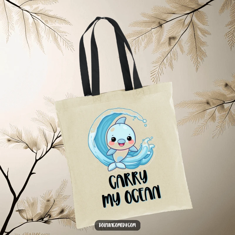 Funny Dolphin Tote Bag showing a cheerful dolphin enjoying playful interaction with a frolicking ocean wave, symbolizing fun.