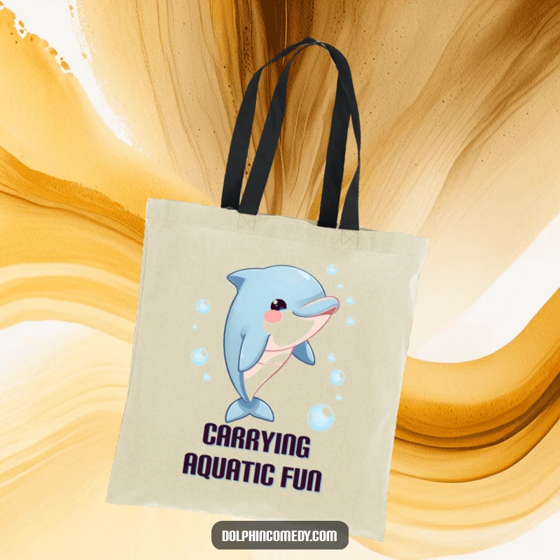 Funny dolphin tote bag showcasing a smiling dolphin with a playful look, actively pursuing a cascade of delightful bubbles.