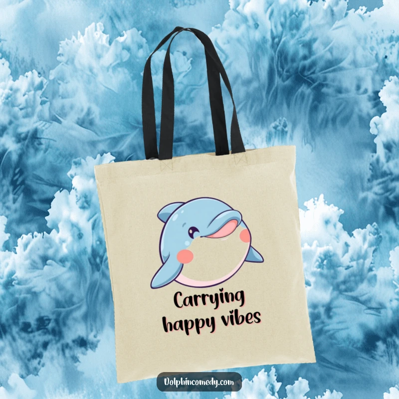 Funny tote bag featuring a beaming happy dolphin with a wide, open smile, radiating contagious joy and positivity.