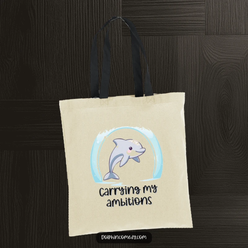 Funny Dolphin Tote Bag: Dolphin humorously swims through an archway, a symbol of exciting journeys, perfect gift.
