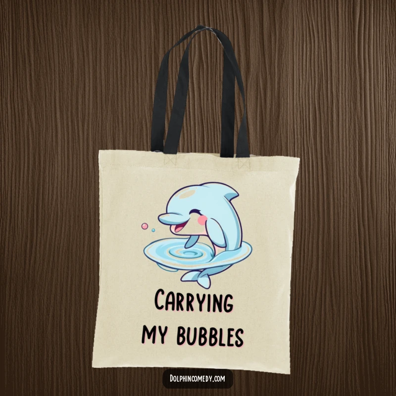 Funny Dolphin Tote Bag with a wide, playful grin blowing a water ring, perfect for carrying beach essentials with humor.