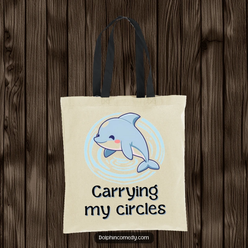 Funny playful dolphin tote bag showing a dolphin swimming in a circle, creating ripples, perfect for shopping.