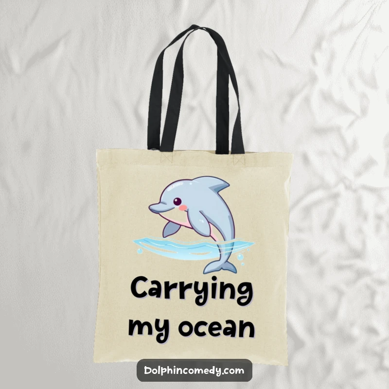 Funny tote bag featuring a dolphin with streamlined fins gliding smoothly through aquatic waters, perfect for carrying essentials with a smile.