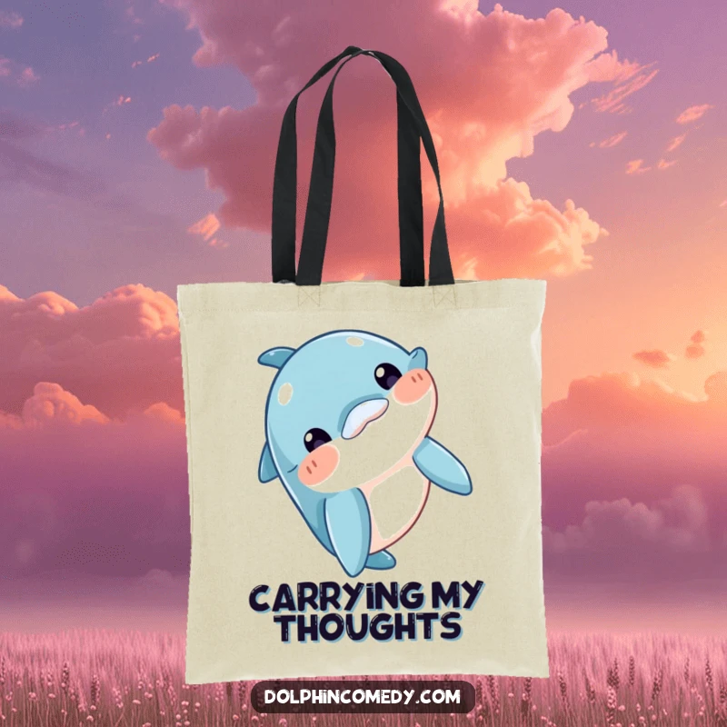 Funny Canvas Tote Bag featuring a curious dolphin bobbing its head, perfect for shopping and daily use, a chic funny gift.