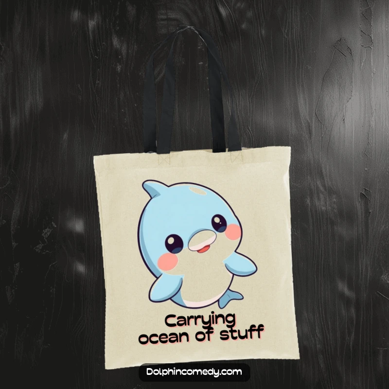 Funny curious dolphin tote bag, head bobbing playfully, durable and stylish, ideal humorous gift for daily use.